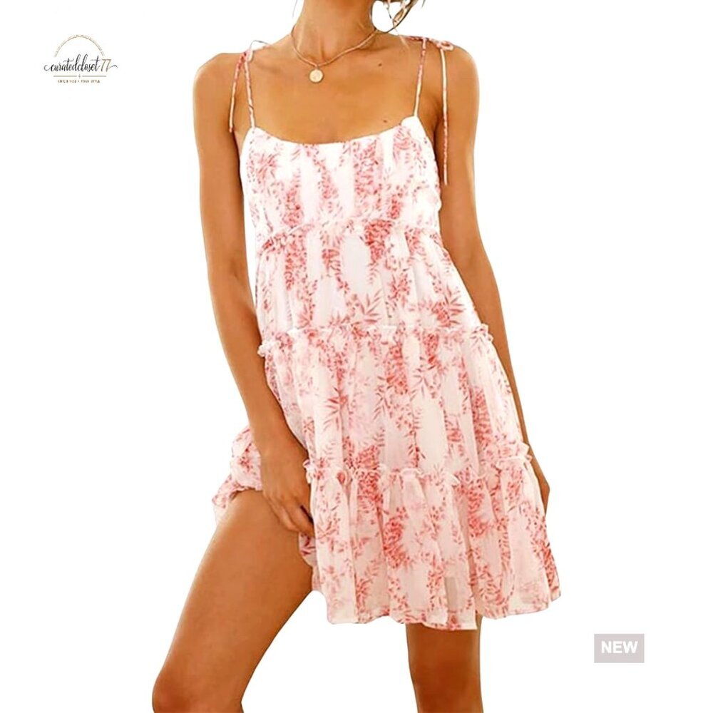 Floral Mini Dress Boho Flowy Skater Sleeveless Spaghetti Strap Summer